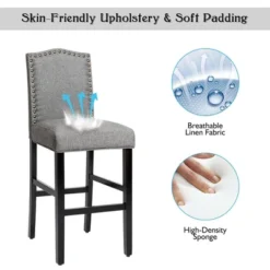 Costway Set Of 2 Bar Stools 30'' Upholstered Kitchen Rubber Wood Full Back Chairs Gray -Costway GUEST 52040f36 3d0c 448b 991a d154e7256072