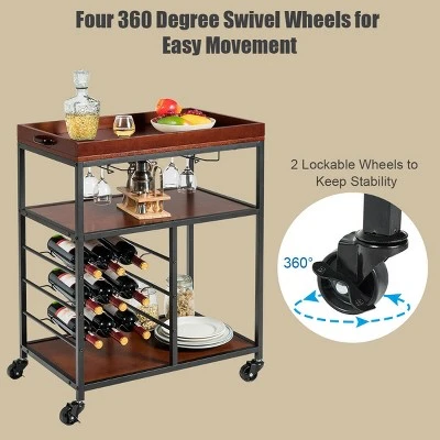 Costway 3 Tier Kitchen Trolley Utility Cart W/Wine Rack & Glass Holder 7 Costway 3 Tier Kitchen Trolley Utility Cart W/Wine Rack & Glass Holder - Image 5