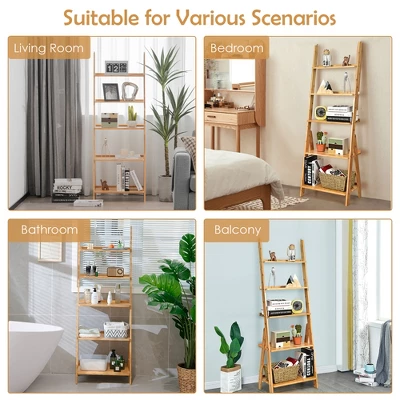 Costway 5-Tier Bamboo Ladder Shelf Bookshelf Display Storage Rack Flower Stand 9 Costway 5-Tier Bamboo Ladder Shelf Bookshelf Display Storage Rack Flower Stand - Image 7
