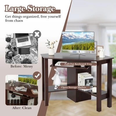 Costway Wooden Corner Desk With Drawer Computer PC Table Study Office Room Brown 8 Costway Wooden Corner Desk With Drawer Computer PC Table Study Office Room Brown - Image 6