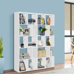 Costway 63'' Wooden 5-Tier Geometric Bookshelf S-shaped Display Shelf Stand Room Divider White -Costway GUEST 54f2f9ae b2dd 448f a4c2 bfa7576ae186