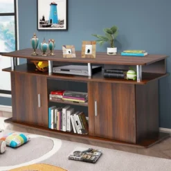 Costway 63'' TV Stand Entertainment Console Center W/ 2 Cabinets Up To 70'' BlackWalnut