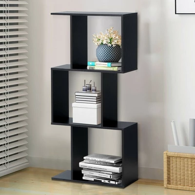Costway 3-tier S-Shaped Bookcase Free Standing Storage Rack Wooden Display Decor Black 5 Costway 3-tier S-Shaped Bookcase Free Standing Storage Rack Wooden Display Decor Black - Image 3