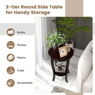 Costway 2-Tier End Table 18'' Round Compact Sofa Side Nightstand With Storage Shelf Espresso/White 6 Costway 2-Tier End Table 18'' Round Compact Sofa Side Nightstand With Storage Shelf Espresso/White - Image 4