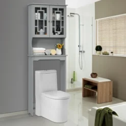 Costway Over The Toilet Bathroom Spacesaver Organizer W/ Adjustable Shelf & Doors Grey