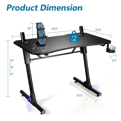 Costway Gaming Computer Desk Height Adjustable W/ LED Light & Gaming Handle Rack 3 Costway Gaming Computer Desk Height Adjustable W/ LED Light & Gaming Handle Rack