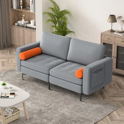 Costway Modern Loveseat 2-Seat Sofa Couch W/ 2 Bolsters Side Storage Pocket Ash Grey 4 Costway Modern Loveseat 2-Seat Sofa Couch W/ 2 Bolsters Side Storage Pocket Ash Grey - Image 2