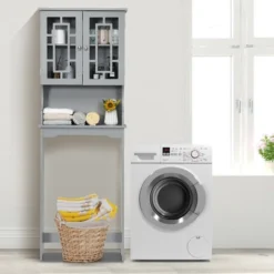 Costway Over The Toilet Bathroom Spacesaver Organizer W/ Adjustable Shelf & Doors Grey -Costway GUEST 587923e7 b0b5 489e ab33 094786986dcd