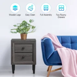 Costway Nightstand W/2 Drawers Multipurpose Retro Grey Bedside Table Fully Assembled -Costway GUEST 59ea757d c3d8 4dc6 b2a9 eb83a3e43626