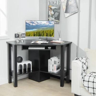 Costway Wooden Corner Desk With Drawer Computer PC Table Study Office Room Black 3 Costway Wooden Corner Desk With Drawer Computer PC Table Study Office Room Black