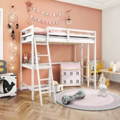 Costway Twin Loft Bed Frame W/Desk Angled And Built-in Ladder Solid Wooden Frame WhiteGreyExpresso -Costway GUEST 5bf97844 43f1 43a4 9ed6 064c167f8493