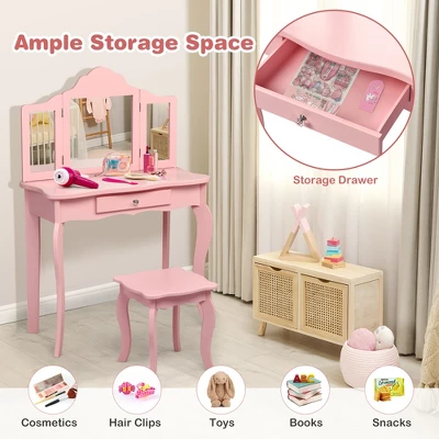 Costway Kids Vanity Table & Stool Princess Dressing Make Up Play Set For Girls Pink 4 Costway Kids Vanity Table & Stool Princess Dressing Make Up Play Set For Girls Pink - Image 2