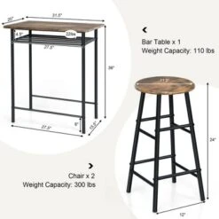 Costway 3 Pieces Bar Table Set Counter Height Dining Pub Table W/ 2 Stools