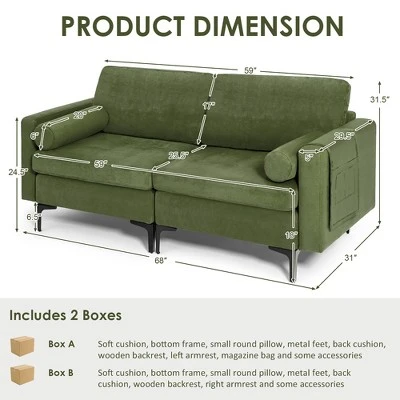 Costway Modern Loveseat 2-Seat Sofa Couch W/ 2 Bolsters & Side Storage Pocket Army Green 5 Costway Modern Loveseat 2-Seat Sofa Couch W/ 2 Bolsters & Side Storage Pocket Army Green - Image 3