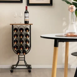 Costway 14 Bottles Wine Rack Console Table Freestanding Wine Storage With Woodtop & Wheels -Costway GUEST 5e087852 cef3 4879 a309 484cd8ae0145