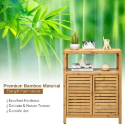 Costway Two-door Bamboo Bathroom Floor Cabinet Storage Organizer W/ Open Shelf -Costway GUEST 5f457949 38a7 4e75 ac2d b542807b00c8