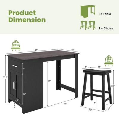 Costway 3 Pieces Bar Table Set Pub Dining Table With Saddle Stools & Storage Cabinet Black 4 Costway 3 Pieces Bar Table Set Pub Dining Table With Saddle Stools & Storage Cabinet Black - Image 2