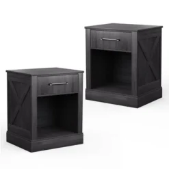 Costway 2PCS Nightstand With Drawer And Shelf Rustic Wooden Bedside Table Bedroom Brown / Natural / Black -Costway GUEST 6015bbbc d86c 422f a195 74a3433ced98