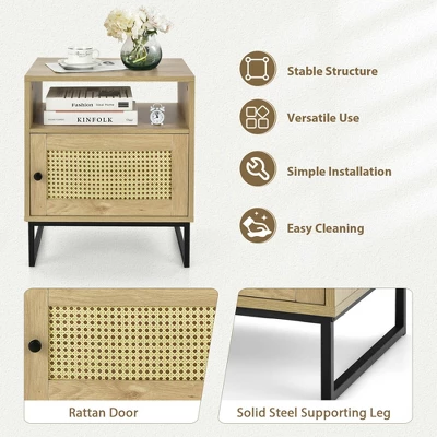 Costway 2PCS Nightstand W/ Cabinet Wooden Side End Table Rattan Decorated Door Oak 7 Costway 2PCS Nightstand W/ Cabinet Wooden Side End Table Rattan Decorated Door Oak - Image 5