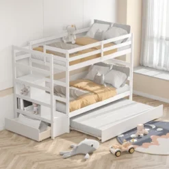 Costway Twin Over Twin Bunk Bed With Trundle Stairway And Storage Shelf Drawer WhiteEspressoGrey -Costway GUEST 61ea89da 0cb4 4db2 b524 2488032331a3