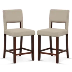 Costway Set Of 2 Upholstered Linen Bar Stools 24.5'' Wooden Dining Chairs With Back Beige/Brown -Costway GUEST 62fa2781 1858 4473 92e5 6dba7f86a4f7