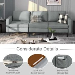 Costway Modern Modular 3-Seat Sofa Couch W/ Side Storage Pocket & Metal Leg GreenGrey -Costway GUEST 63111e64 7c65 421d bf77 cfe3aa4dd536