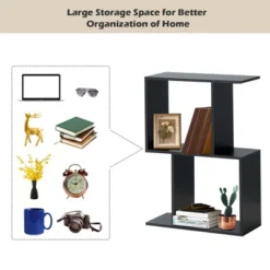Costway 2-tier S-Shaped Bookcase Free Standing Storage Rack Wooden Display Decor Black -Costway GUEST 6382e0ea 7ca6 41cf bd78 324deaa350ae