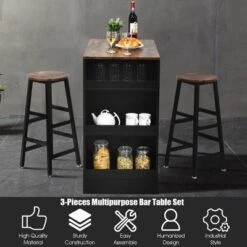 Costway 3 Pieces Bar Table Set Industrial Counter With Storage Black -Costway GUEST 6404b744 94b2 446e b938 8d90961cf377
