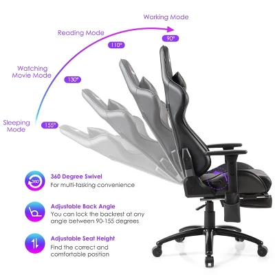 Costway Massage Gaming Chair Adjustable Reclining Racing Chair W/Headrest&Footrest GrayBlack 8 Costway Massage Gaming Chair Adjustable Reclining Racing Chair W/Headrest&Footrest GrayBlack - Image 6