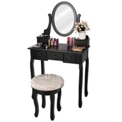 Costway Vanity Table Makeup Table Cushioned Mirror 5 Drawers Black -Costway GUEST 64473ebf dd11 4bd2 bdda bb60eab9bd72