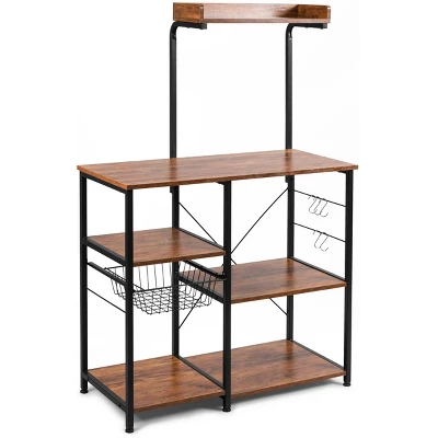 Costway 4-Tier Vintage Kitchen Baker's Rack Utility Microwave Stand W/ Basket & 5 Hooks 11 Costway 4-Tier Vintage Kitchen Baker's Rack Utility Microwave Stand W/ Basket & 5 Hooks - Image 9