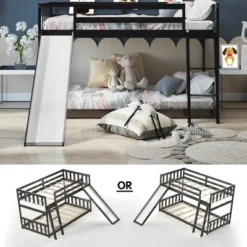 Costway Twin Over Twin Bunk Wooden Low Bed With Slide Ladder For Kids -Costway GUEST 6590280d 224e 4d2a 9be6 e8372586c3fc