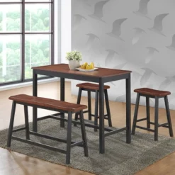 Costway 4 Pcs Solid Wood Counter Height Table Set W/ Height Bench & Two Saddle Stools Brown -Costway GUEST 65e13d29 c2bd 4e66 ac57 000fe96e4d42