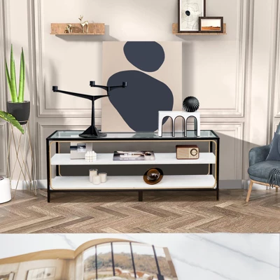 Costway 3-Tier TV Stand Entertainment Center For TV's Up To 50'' W/ Tempered Glass Top 4 Costway 3-Tier TV Stand Entertainment Center For TV's Up To 50'' W/ Tempered Glass Top - Image 2