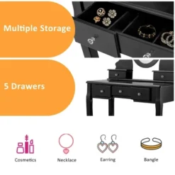 Costway Vanity Jewelry Wooden Makeup Dressing Table Set W/Stool Mirror & 5 Drawers Black -Costway GUEST 678054c6 6538 4476 89c6 9e8789c30062