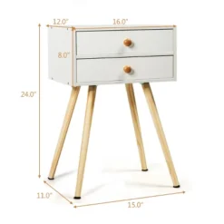 Costway 2PCS Mid Century Modern 2 Drawers Nightstand In White Sofa Side Table End Table