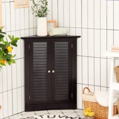 Corner Storage Cabinet Freestanding Floor Cabinet Bathroom W/ Shutter Door GreyBrown