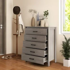 Costway Modern 5 Drawer Chest Storage Dresser Cabinet With Metal Handles Grey Oak -Costway GUEST 6bcd0abd 168b 4e49 849d 0d827456efd7
