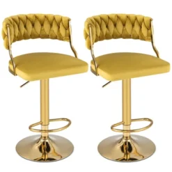Costway Swivel Velvet Bar Stools Set Of 2 Upholstered Adjustable With Woven Backrest Grey/Beige/Yellow -Costway GUEST 6bdefff8 19e4 4bae bd18 2dbd7a37e1b1