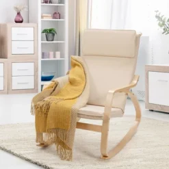 Costway Modern Bentwood Rocking Chair Fabric Upholstered Relax Rocker Lounge Chair GrayBeige