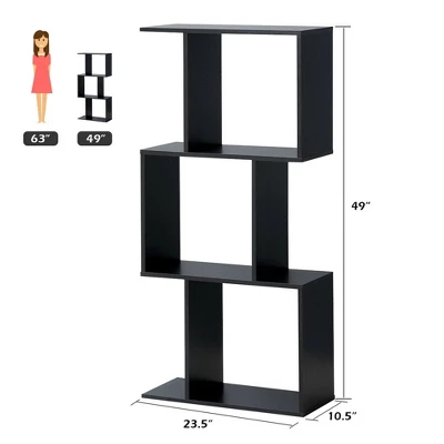 Costway 3-tier S-Shaped Bookcase Free Standing Storage Rack Wooden Display Decor Black 3 Costway 3-tier S-Shaped Bookcase Free Standing Storage Rack Wooden Display Decor Black