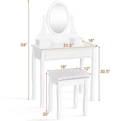 Costway Wooden Vanity Makeup Dressing Table Stool Set Bathroom White