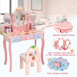 Costway Kids Vanity Princess Makeup Dressing Table Chair Set W/ Tri-fold Mirror Pink -Costway GUEST 6c6e5203 8577 4ba8 a462 5f1baaefc94a