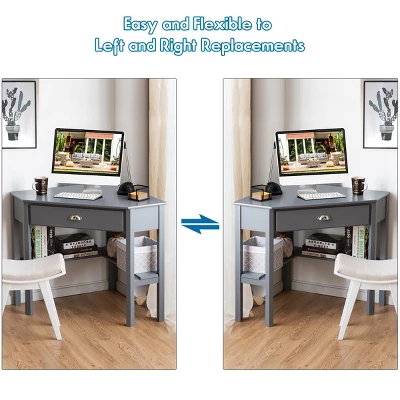 Costway Triangle Computer Desk Corner Office Desk Laptop Table W/ Drawer Shelves Rustic Grey 6 Costway Triangle Computer Desk Corner Office Desk Laptop Table W/ Drawer Shelves Rustic Grey - Image 4