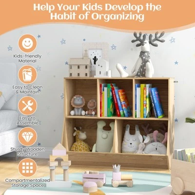 Costway 5-Cubby Kids Toy Storage Organizer Wooden Bookshelf Display Cabinet Natural/White 10 Costway 5-Cubby Kids Toy Storage Organizer Wooden Bookshelf Display Cabinet Natural/White - Image 8