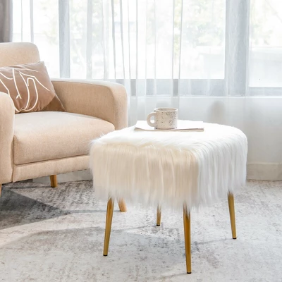 Costway Faux Fur Vanity Stool Square Furry Ottoman W/ Golden Metal Legs 4 Costway Faux Fur Vanity Stool Square Furry Ottoman W/ Golden Metal Legs - Image 2