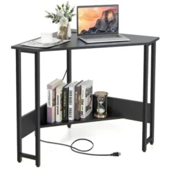 Costway Triangle Computer Desk Corner Desk Home Office With Power Outlets USB Ports Black/Rustic -Costway GUEST 71d3fb04 4496 43d3 b6d2 2cfecc9744d7