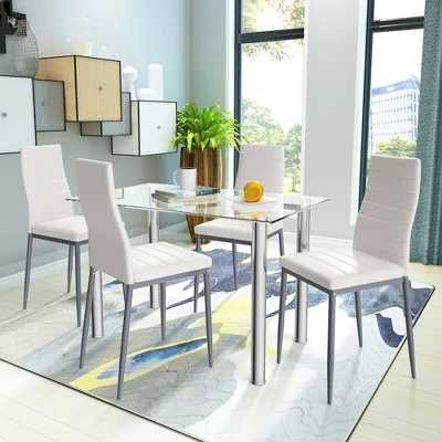 Costway 5 Piece Dining Set Table 29.6'' And 4 Chairs Glass Metal Kitchen Breakfast Furniture White 4 Costway 5 Piece Dining Set Table 29.6'' And 4 Chairs Glass Metal Kitchen Breakfast Furniture White - Image 2