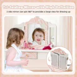 Costway Kid Vanity Set Wooden Makeup Table Stool Tri-Folding Mirror Zebra-Stripe Pink -Costway GUEST 72c8495a 93a8 4286 a021 1b2a172353ca