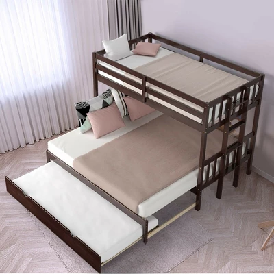Costway Twin Over Twin Pull-Out Bunk Bed With Trundle Wooden Ladder WhiteEspresso 12 Costway Twin Over Twin Pull-Out Bunk Bed With Trundle Wooden Ladder WhiteEspresso - Image 10